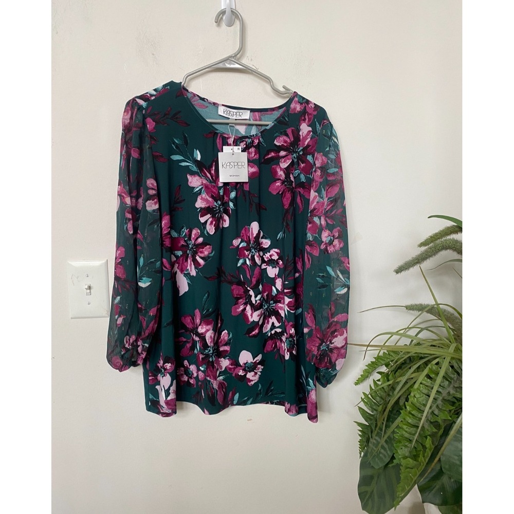 NWT Kasper Women's Glitter EverGreen Multi Floral Boho Tunic Blouse Top 2X, $79